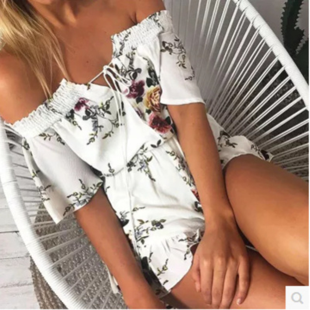 White Floral Open Shoulder Jumper suite Rumper - Picture 3 of 4